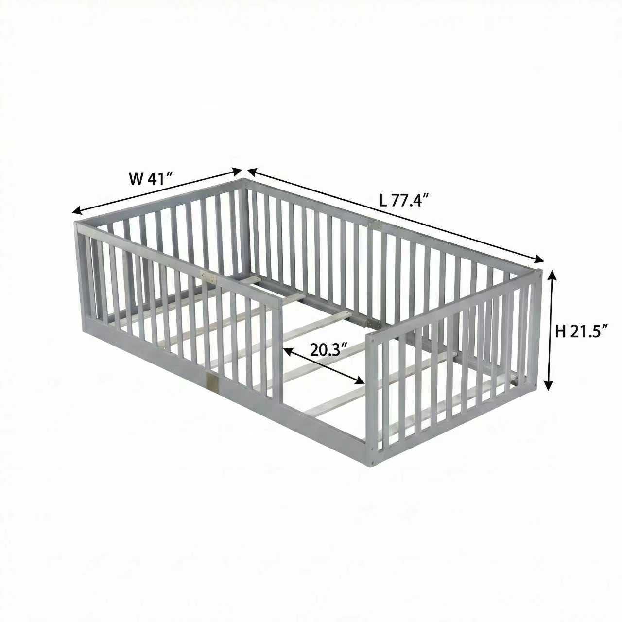 Sailvan Twin Floor Bed with High Fence Railings, Solid Rubber Wood Kids Platform Bed Frame Grey