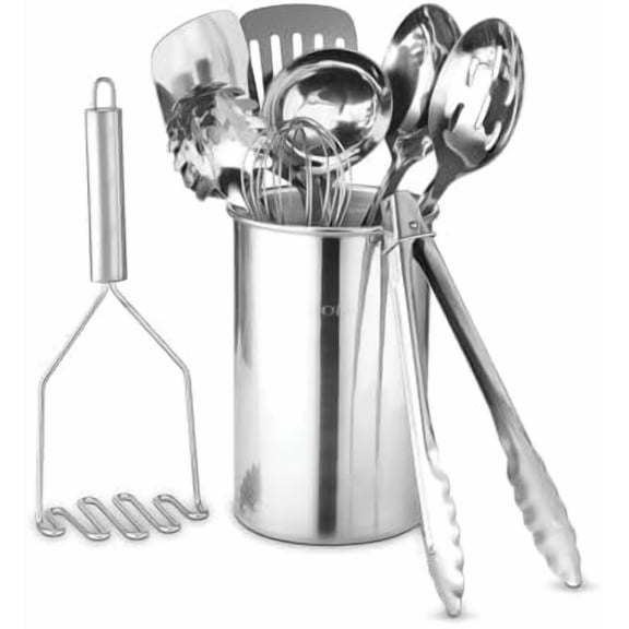 Premium Set of 10 Stainless Steel Kitchen Tool Set with Holder Easy To Clean, Space Saving, Great for Cooking, Baking, Prepping$$Home Decor, Kitchen, & Other