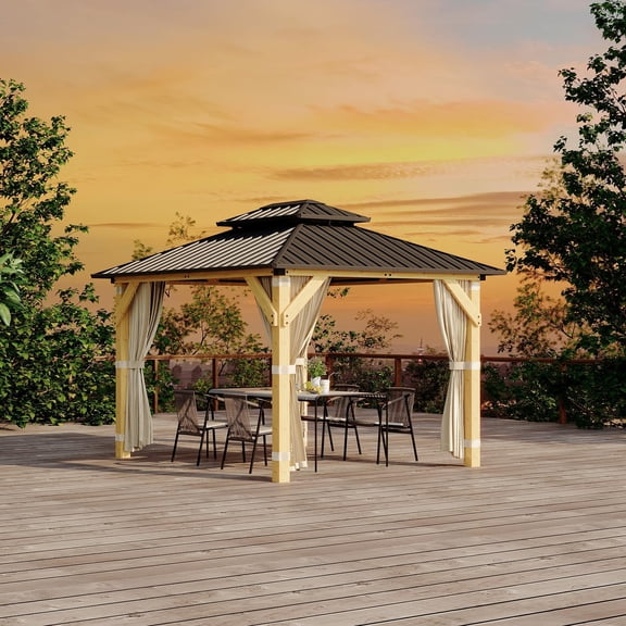 10' x 12' Wooden Patio Gazebo, Spruce Frame with Aluminum Double Roof, Equipped with Curtains & Netting for Garden and Party