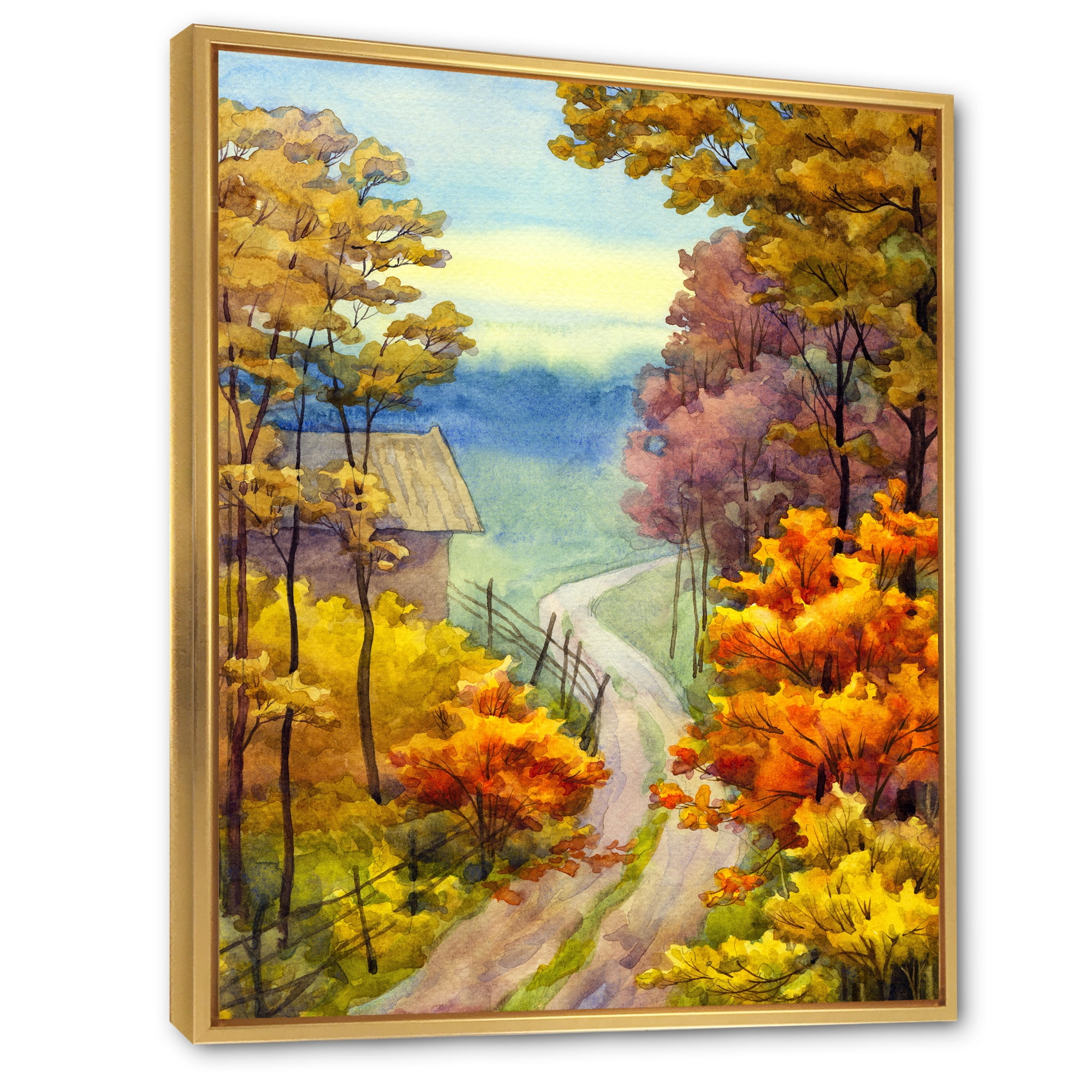 Designart 'Little Road Through VIbrant Autumn Scene' Lake House Framed Canvas Wall Art Print
