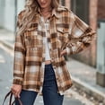 thumbnail image 2 of Camisa a cuadros para mujer, Top clásico de manga larga con botones y cuello vuelto, con bolsillos, cuadros café M, 2 of 6