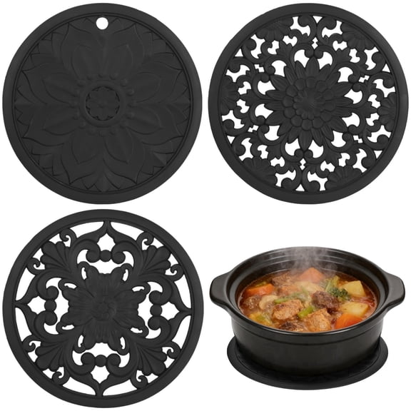3 Pcs Silicone Trivet Mats, 7.9" Round Heat Resistant Non-Slip Pad with Hollow Carved Pattern for Counter & Table Protection, Multi-Purpose for Hot Pots, Pans, Dishes, Cups, Dishwasher Safe