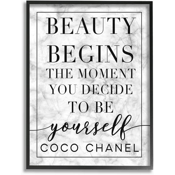 Beauty Begins Once You Decide to Be Yourself White Marble Typography, Design by Daphne Polselli Wall Art, 11 x 14, Black
