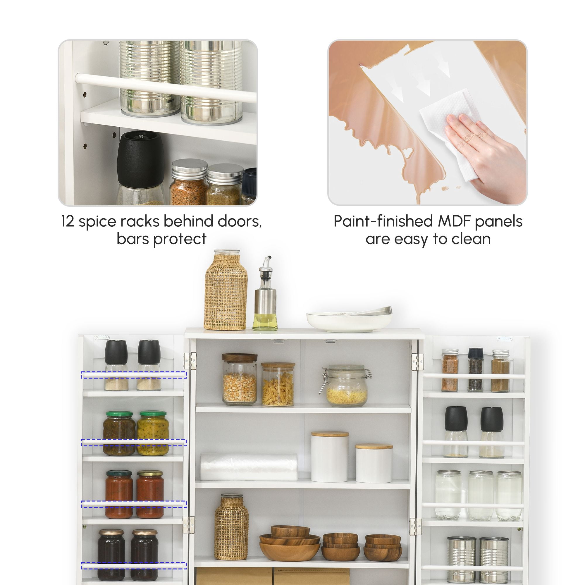 Kitchen Pantry Storage Cabinet with Adjustable Shelves & 12 Spice Racks, Freestanding Food Pantry Cupboard Anti-Tip Design MDF Organizer for Kitchen Dining Entryway White