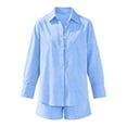 thumbnail image 7 of QIYAGBSA 2 Piece Outfits for Women Striped Button Down Long Sleeve Shirt and Drawstring Shorts Set Summer Matching Set (Blue, 2XL), 7 of 7