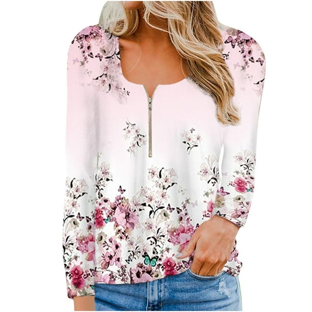Camiseta con cremallera de manga larga de otoño informal suelta con estampado de mujer Fridja hj2769