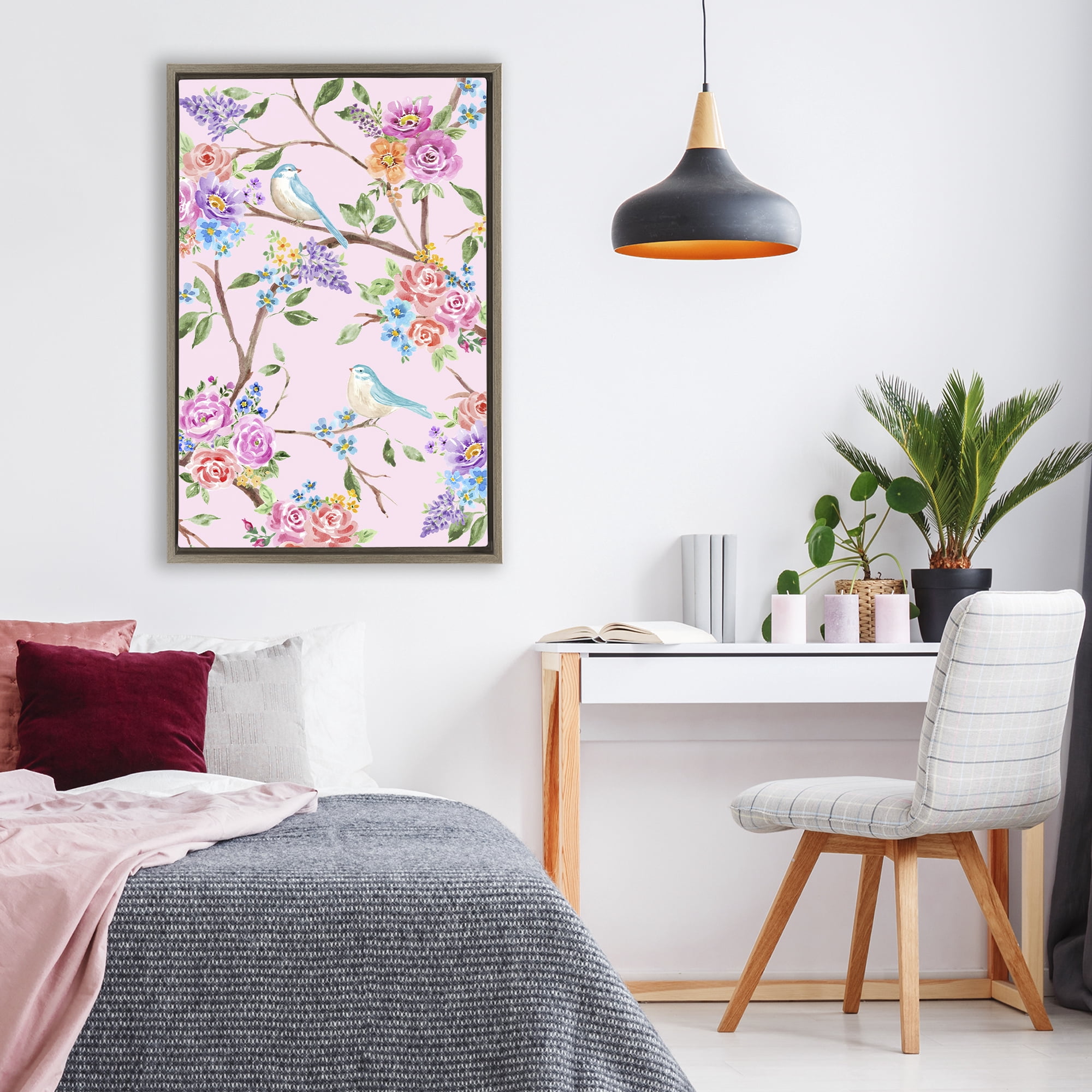 Stupell Industries Pink & Blue Spring Florals Brown Framed Floater Canvas Wall Art, design by Corinne Haig