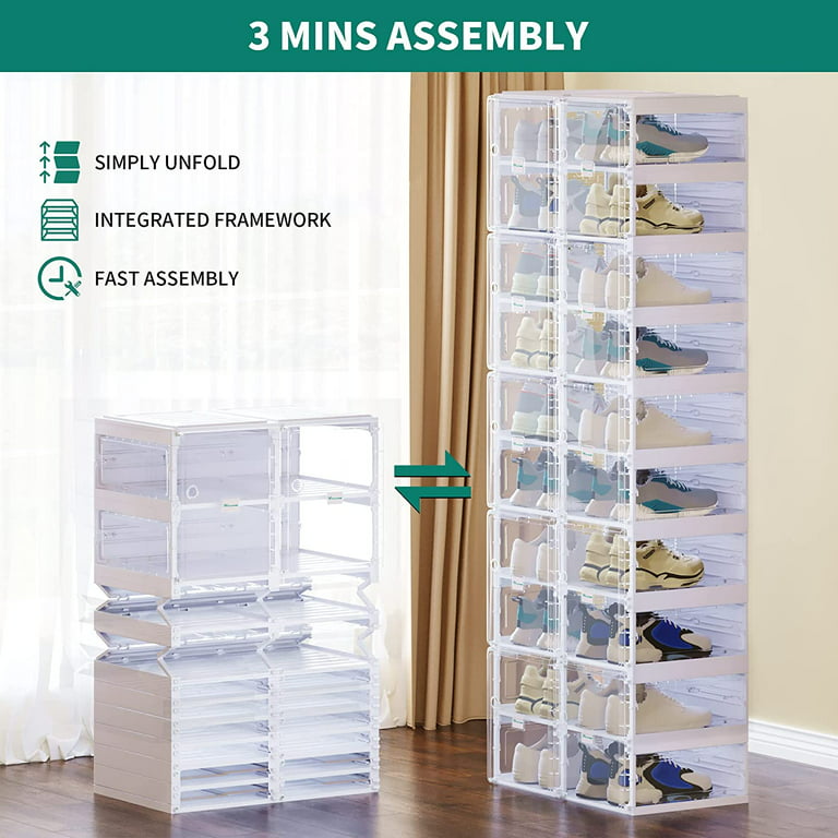 YITAHOME Shoe Storage Organizer, Foldable Shoe Box with Doors, 2-20 Grid Stackable Transparent Shoe Cabinet Installation-Free for Hallway, Living