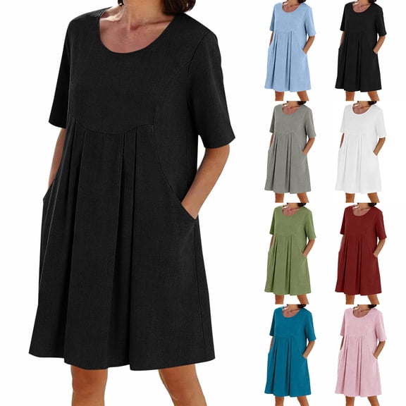 Yeaiivve Women Summer Cotton Linen Maxi Dress Empire Wasit Boho Tiered Dresses Short Sleeve V Neck Casual Loose Long Dresses Light Blue,S