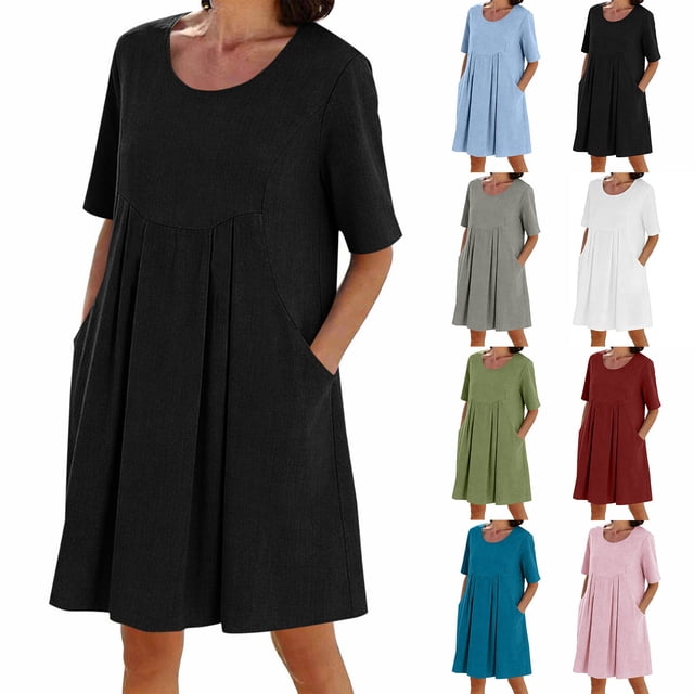 Yuyuzo Womens Summer Dress Casual Short Sleeve Round Neck Loose Fitted Solid Color Lightweight Beach Dresses