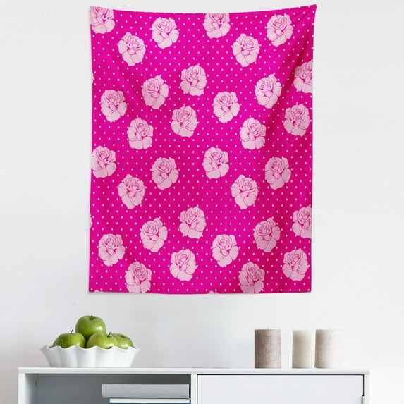 Hot Pink Tapestry, Vintage Pale Pink Roses on White Dotted Hot Pink Background Love, Fabric Wall Hanging Decor for Bedroom Living Room Dorm, 5 Sizes, Hot Pink Pale Pink White, by Ambesonne