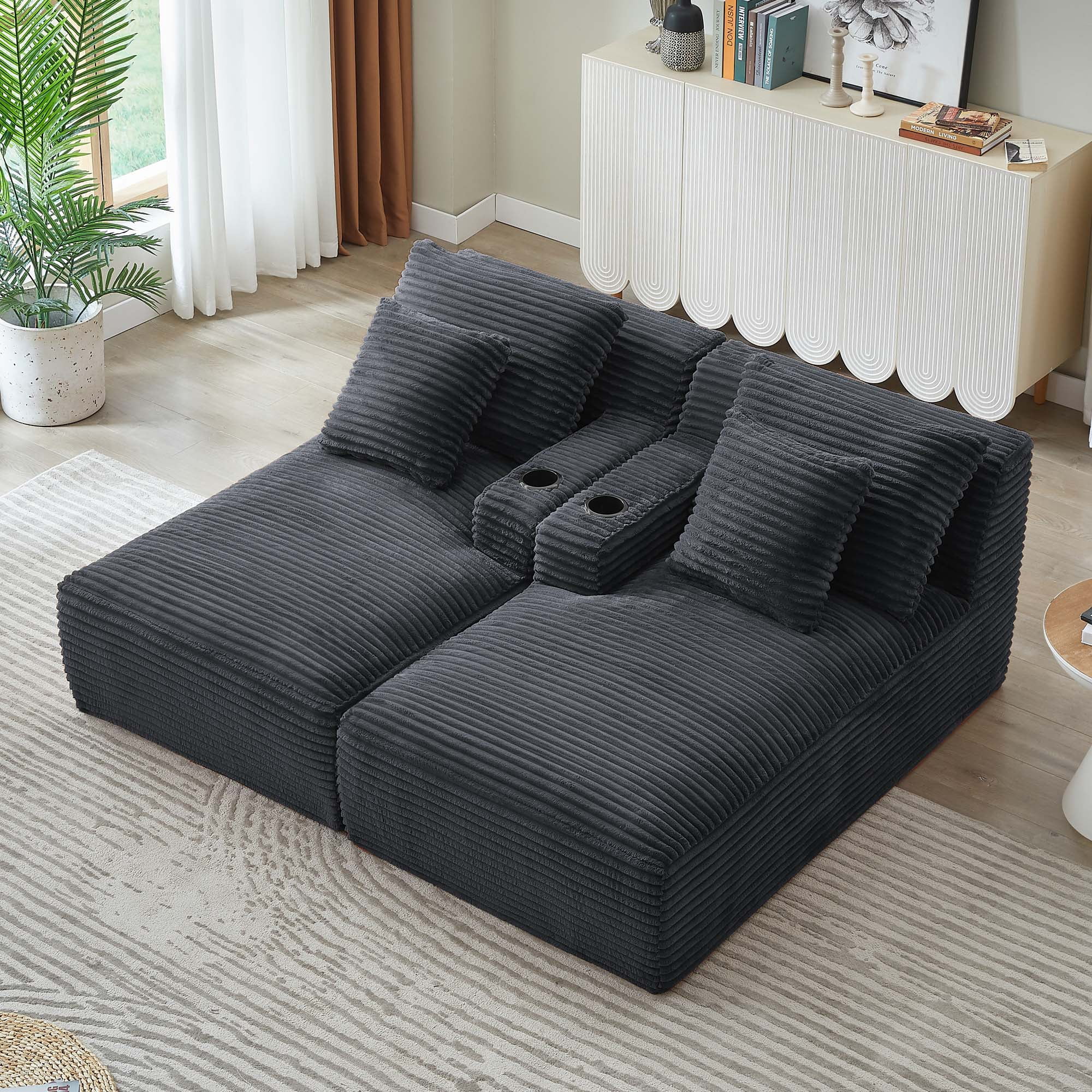 Miniyam Dark Grey Compressible Double Chaise Lounge with Cupholders - No Assembly Required, Fluffy Modern Sleeper Loveseat for Indoor Living Room Bedroom