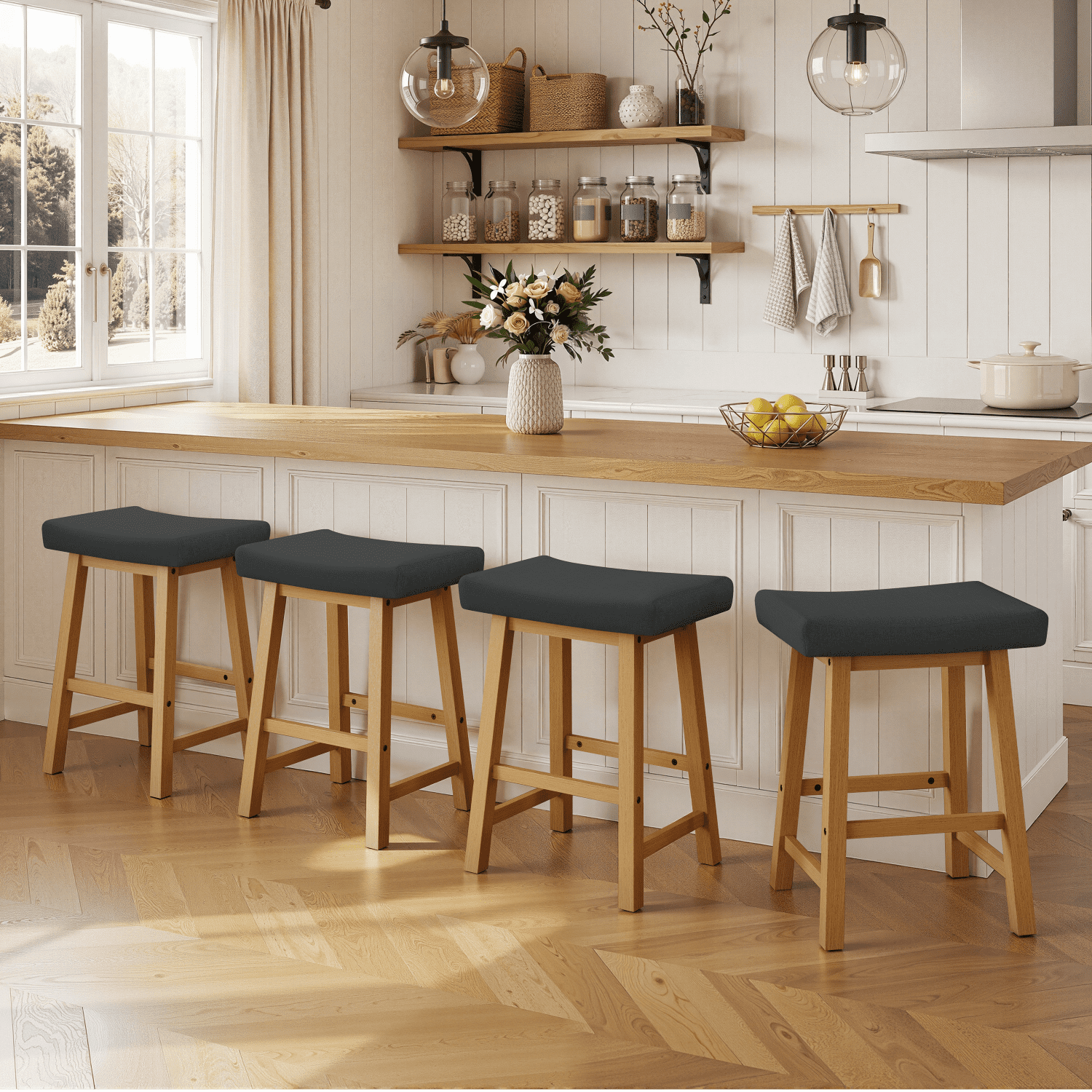 Alden Design Set of 2 Counter Height Bar Stools with Solid Wood Legs, Dark Gray