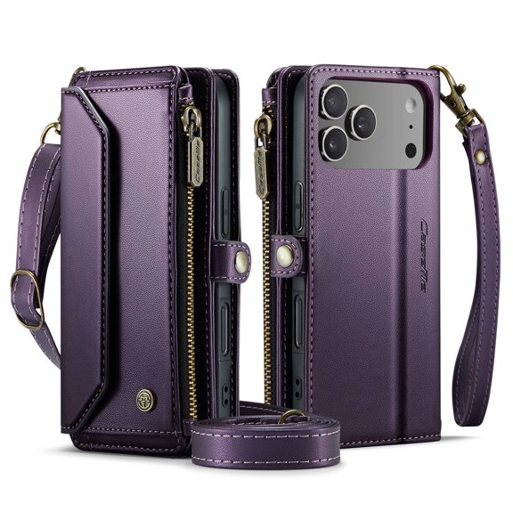 Crossbody Wallet Case for iPhone 17 Pro, RFID Blocking PU Leather Cover with 7 Card Slots & Zipper Pocket, Detachable Shoulder Wrist Strap for Women