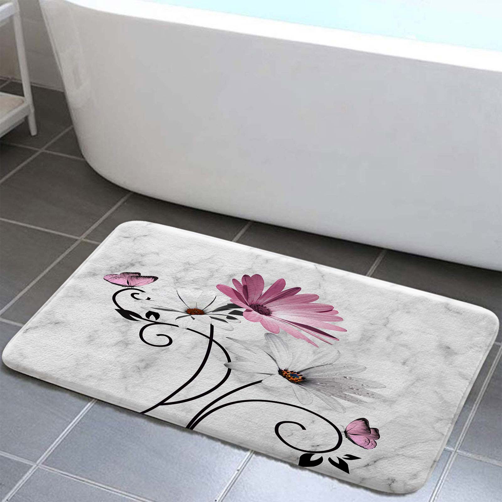 Rutsic Farmhouse Floral Marble Bath Mat, Pink Daisy Flowers Butterfly