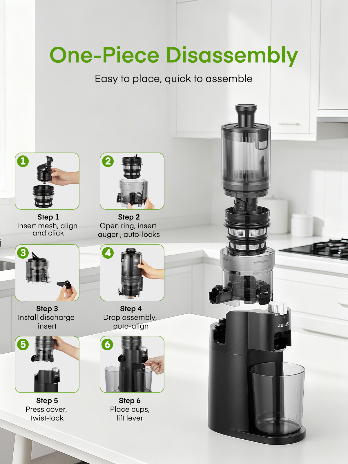 Juilist Juicer Machine for Fruits and Vegetables, BPA-Free, High Juice Yield, 60 RPM, Easy to Clean, Includes Cleaning Brush, Black