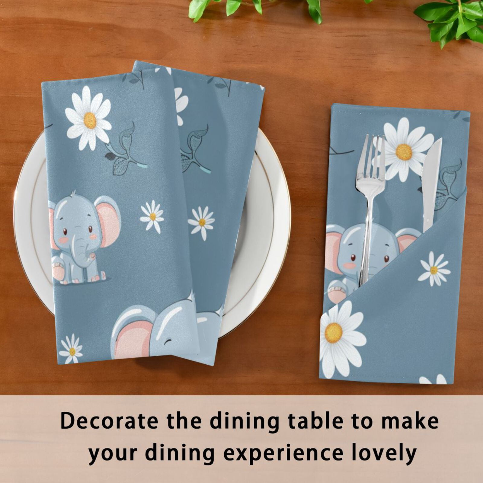 JSTEL Cute Elephant Daisy Flower Cloth Napkins Set of 6, 20x20 Inch Washable and Reusable Napkin for Decoupage Dinner Party Everyday Use