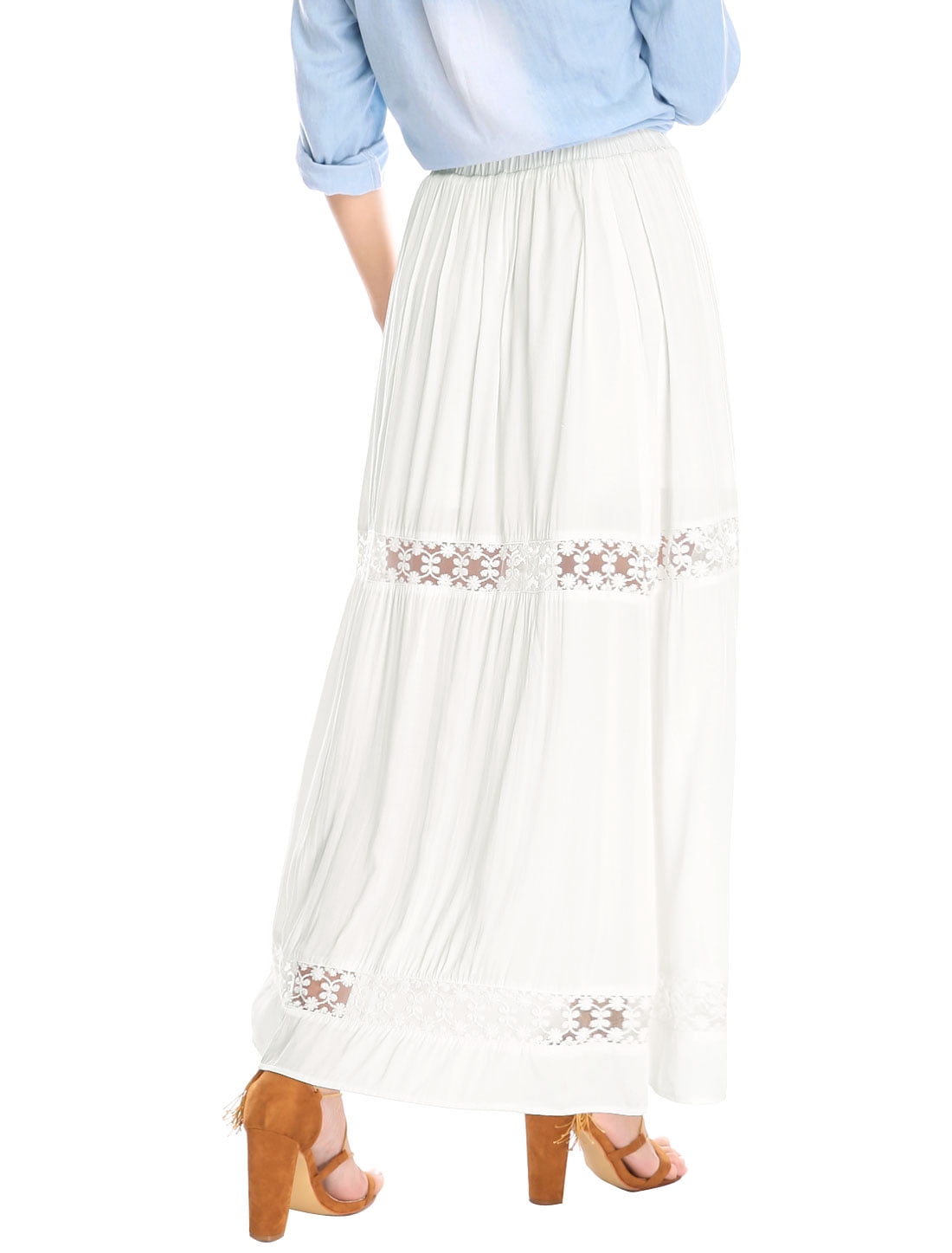 DARING DIVA Women's A-Line Lace Insert Maxi Skirt Cream L Cream White
