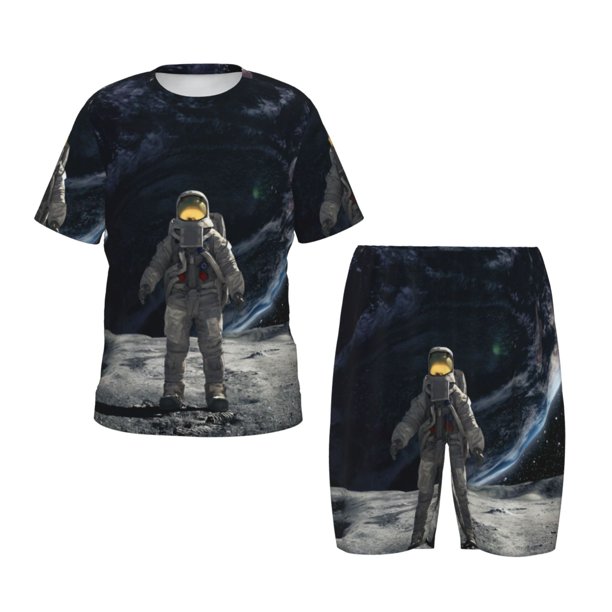 Fotbe Astronaut Standing In The Moon Pijama Estampada de 2 Piezas para Niños – Ropa de Dormir de Manga Corta Cómoda para Niños y Niñas, Camiseta y Shorts de Algodón-Small