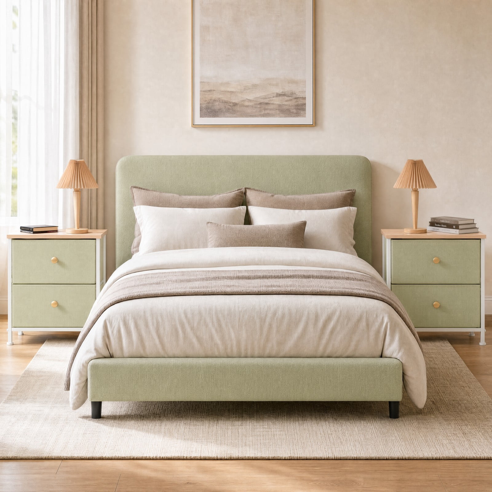 Telyra Nightstands Set of 2 20" Fabric Bedside Tables with 2-Drawer Wood Tops and Steel Frames Small Storage Organizers, Light Green