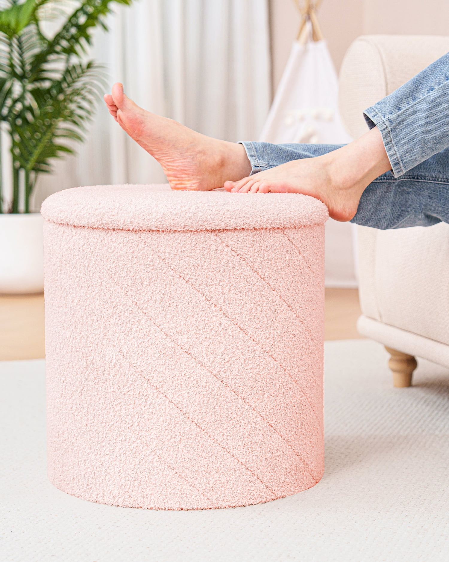 PINPLUS 16.9" Storage Ottoman with Tray Collapsible Foot Rest Stool Seat for Living Room Pink,Sherpa Fabric