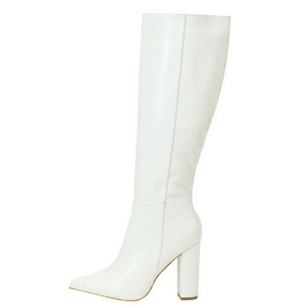 

Hvyesh Knee High Boots for Women Gogo Boots 70s Boots Leather Pointed Toe Chunky Knee High Platform Dress Boots Fashion Long Chunky Tall Gogo Boots for Fall