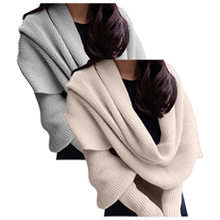 Hontri Wraps for Women Utrum Knitted Cable Wrap for Women Cropped Sweater Womens Wrap Sweater Knitted Scarf with Sleeves Knitted Wrap Shawl Wraps for Women Beige 3