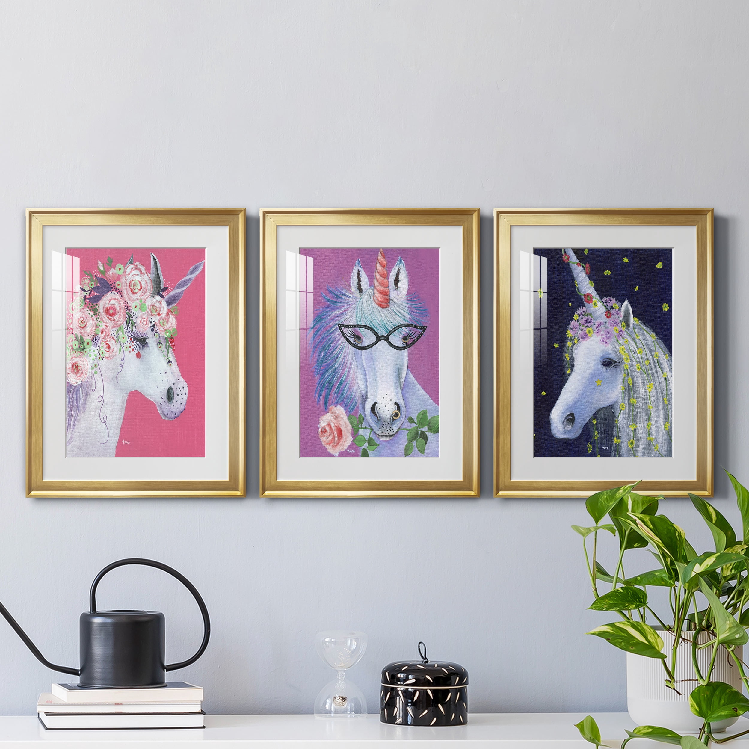 Unicorn II Premium Framed Prints Set of 3 - Ready to Hang - 18 x 24 Each - Gold Frame