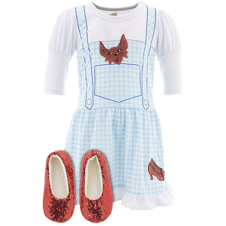 the wizard of oz little girls' dorothy costume pajama gown with fleece lined ruby slippers, blue, 4/5