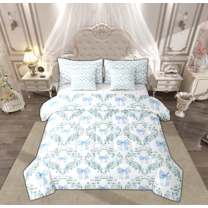 Manfei Girls Blue Ribbon Twin Bedding Sets 7-Piece, Cartoon Bowknot Bow-tie Bedding Comforter Set, Princess Bow Style Reversible Sheet Sets, Ultra Soft Home Decor