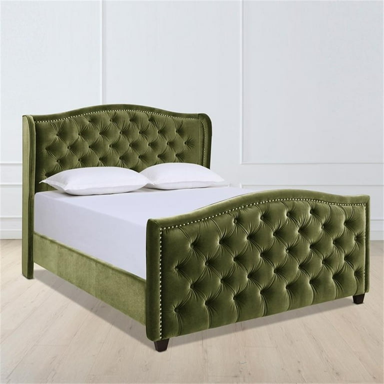 Maklaine Contemporary Tufted Wingback Queen Bed in Olive Green