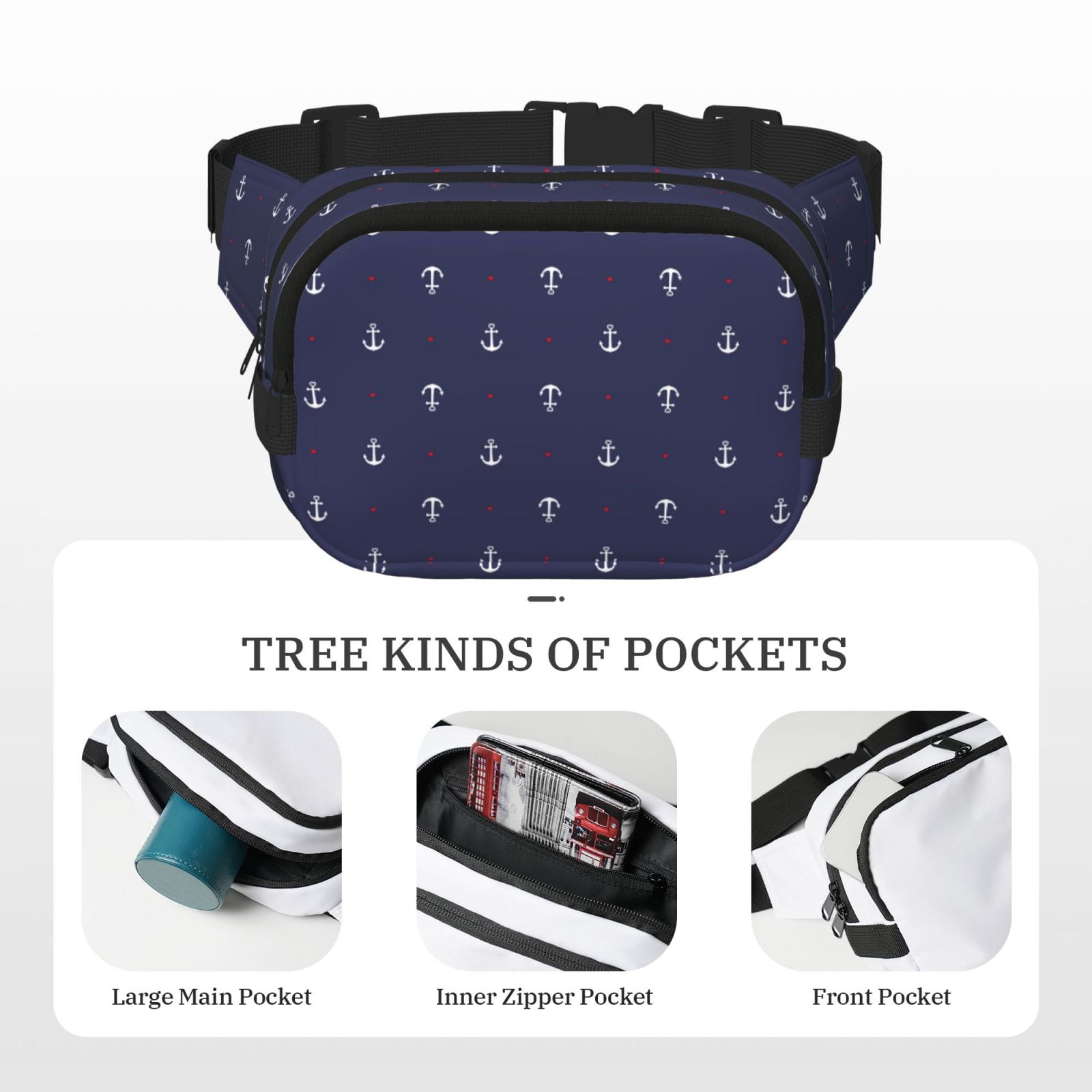 Picia Anchors Heart Blue Print Square Double-Layer Waist Bag Mini Adjustable Waist Belt Bag Exercise Running Travel Hiking
