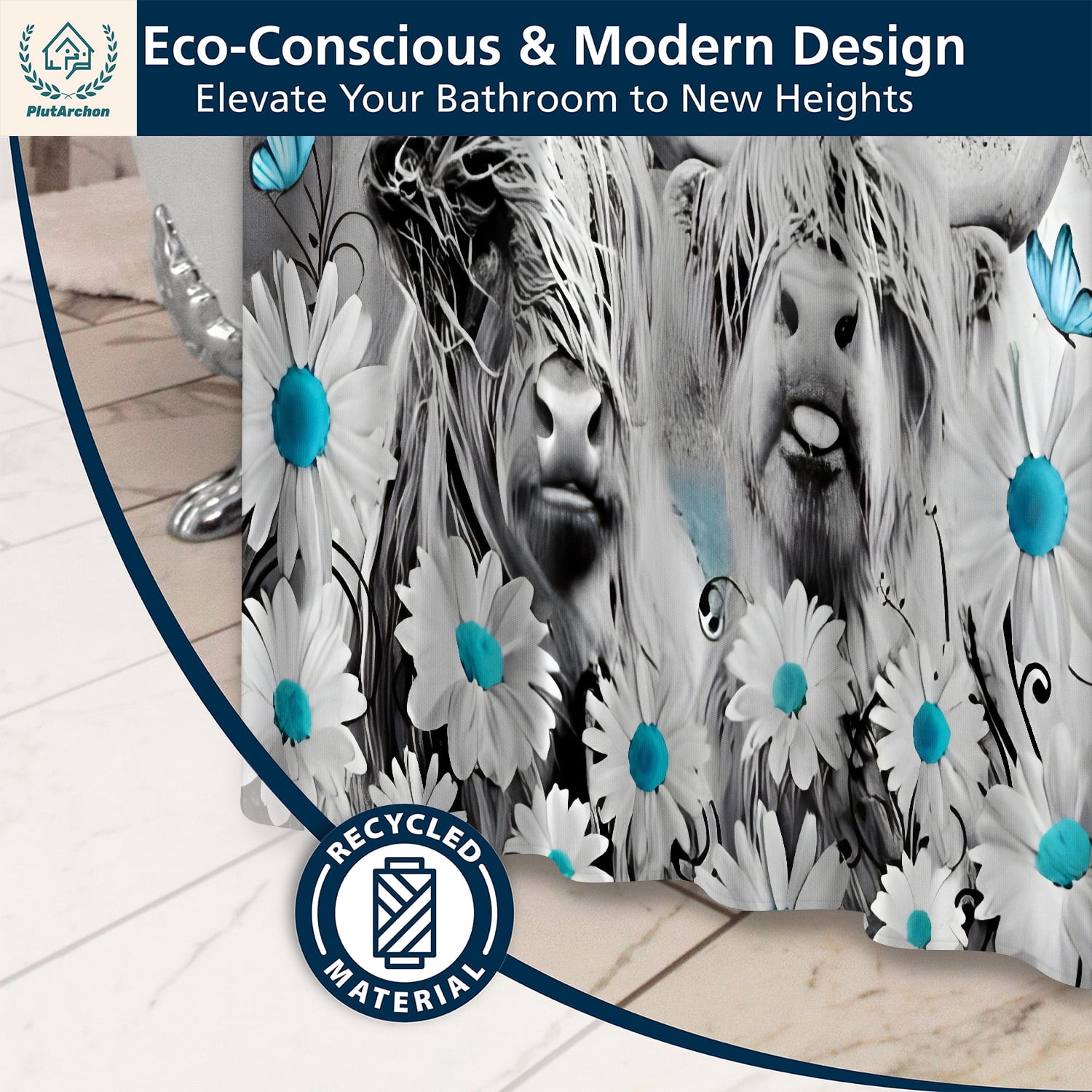 PLUTARCHON 1pc Playful Highland Cow Bathroom Set - Turquoise Fabric Shower Curtain & Rug, Get Naked Funny Modern Decor, 70.8"x70.8"