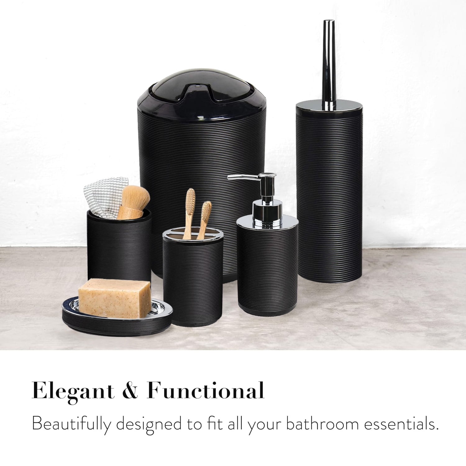 CERBIOR Bathroom Accessories Set 6 Pcs Bathroom Set Ensemble Complete Soap Dispenser Toothbrush Holder Tumbler Soap Dish Toilet Cleaning Brush Trash Can, Thread Black
