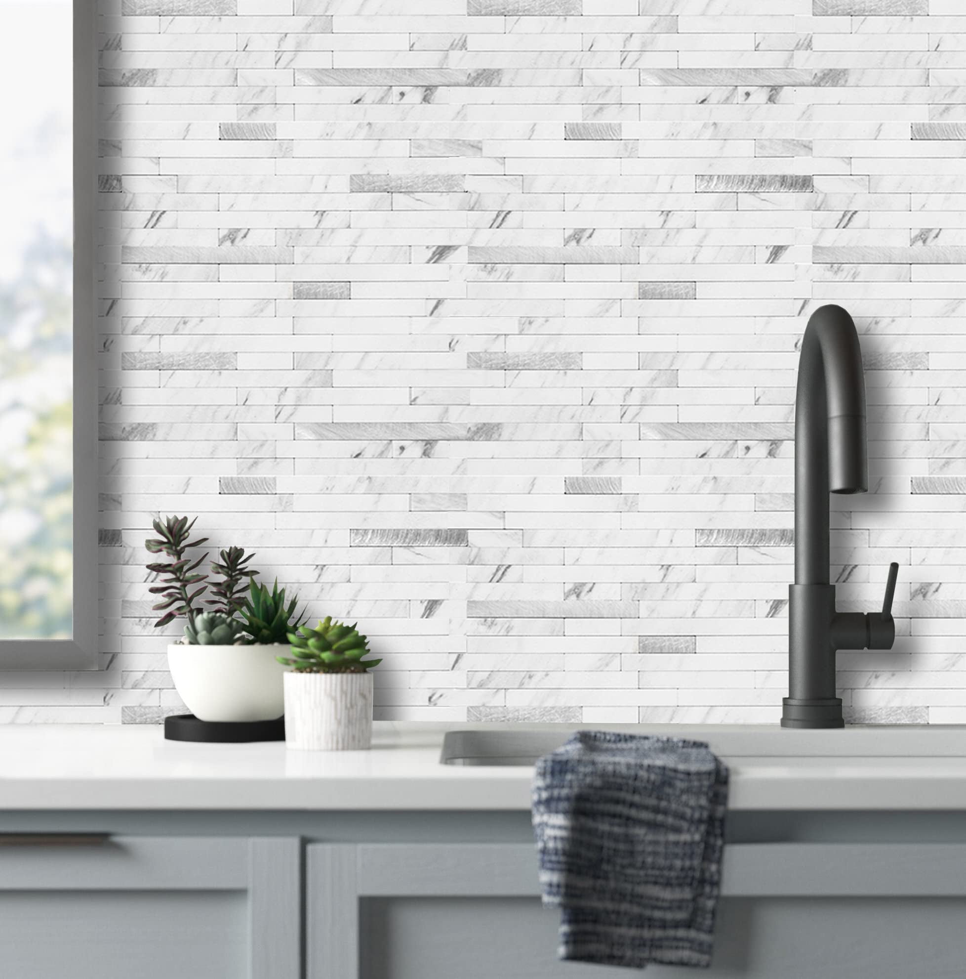 20 Sheets Faux Stone Peel And Stick Backsplash  White Marble Look Pvc Wall Tiles On For Kitchen