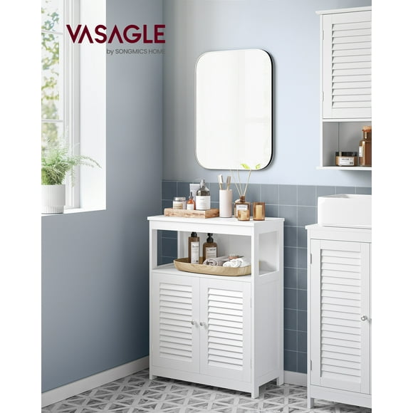 VASAGLE Armario del Baño, Mueble Baño, Armario de Cocina, Organizador con Compartimiento Abierto, Armario Almacenaje con 2 Puertas, 30 x 60 x 80 cm, Blanco