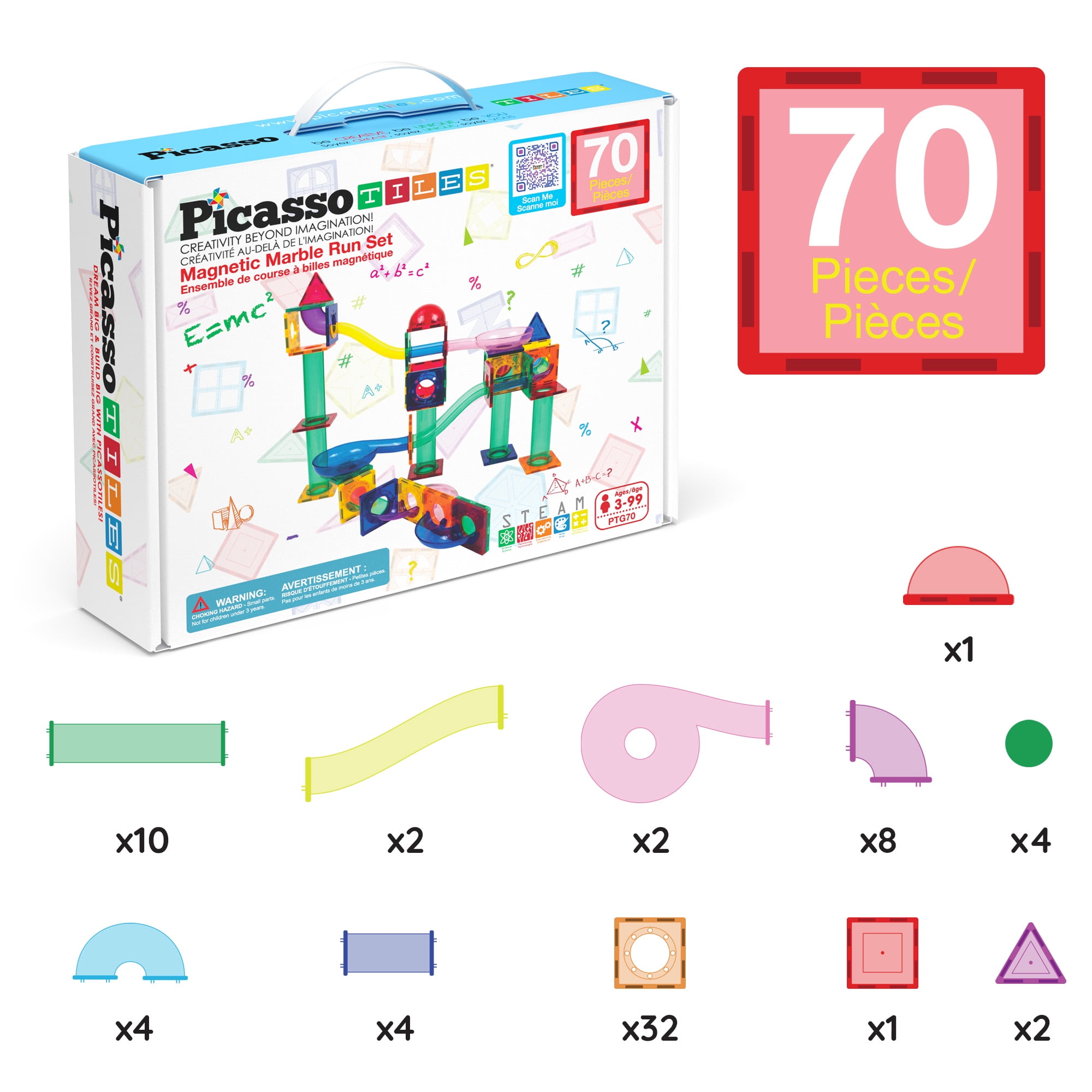 PicassoTiles Marble Run Magnetic Tiles for Kids – 70PCS STEM Educational Construction Building Blocks Race Track Toy Set