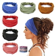 GILI 6 Pack Wide Headbands for Women Non Slip Soft Elastic Hair Bands Yoga Running Sports Workout Gym Head Wraps, Knotted Cotton Cloth African Turbans Bandana (with 6 Pcs Hair Ties)