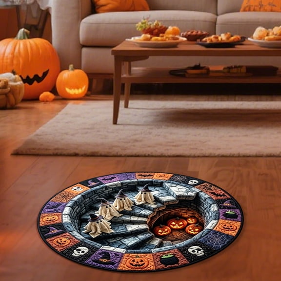 Cififendec Halloween 3D Illusion Round Rug, 15.7", Non-Slip Spooky Pumpkin Ghost Floor Mat for Entryway Living Room Indoor Party Festival Decor