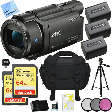 Sony FDR-AX53/B 4K Handycam Camcorder Deluxe Bundle includes Handycam, 55mm Filter Kit, Battery x 2, Charger, 64GB SDXC Memory Card x 2, Bag, Tripod, Card Reader/Wallet, Beach Camera Cloth and