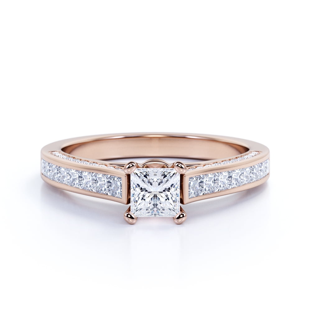 JeenMata Vintage 1 Carat Princess Cut Moissanite - Channel Set Band - Edwardian Engagement Ring in 18K Rose Gold over Silver