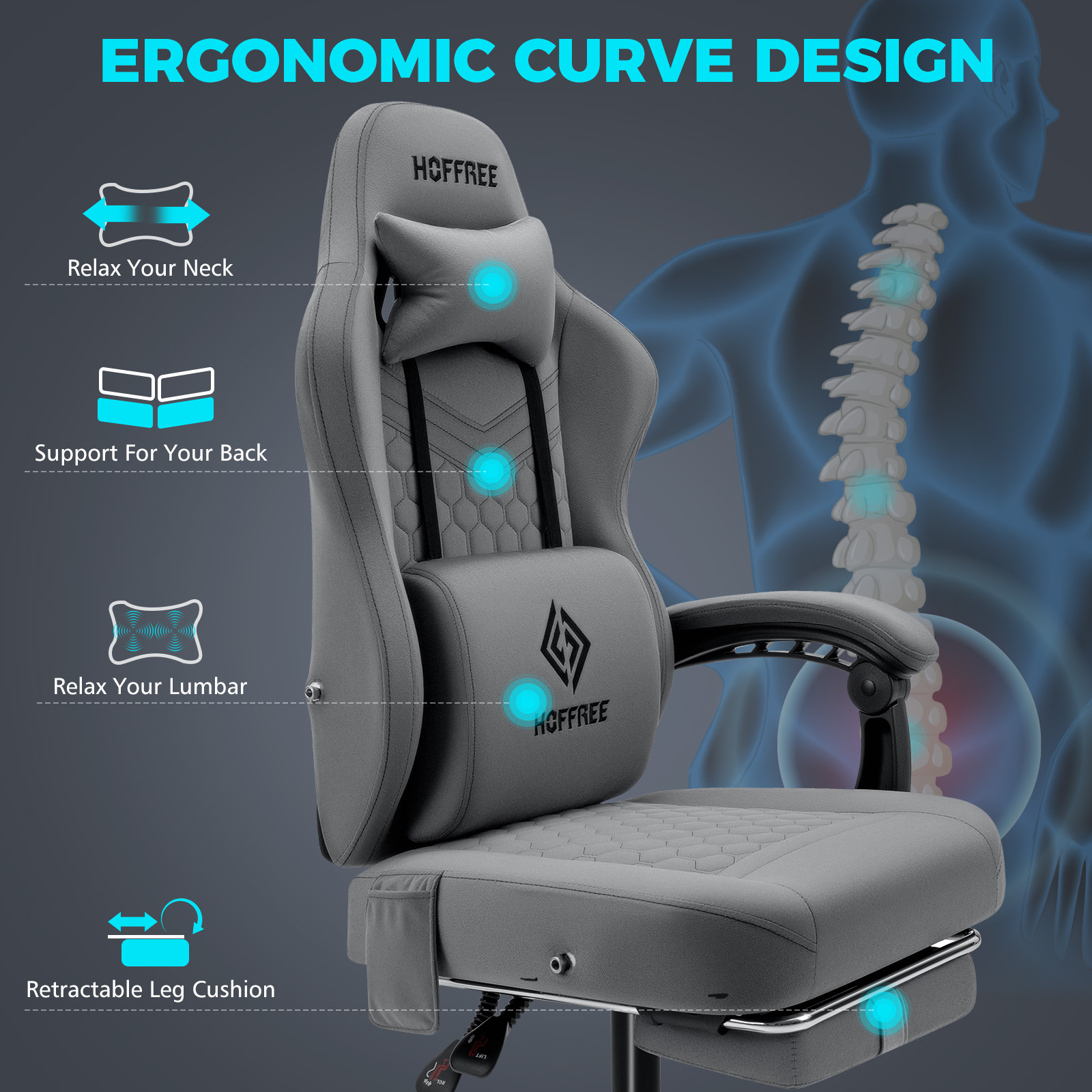 HOFFREE Gaming Chair with Massage and Footrest Skin-friendly Gamer Chairs for Adults Big and Tall Video Game Chair with Headrest and Lumbar Support for Office and Home Dark Gray