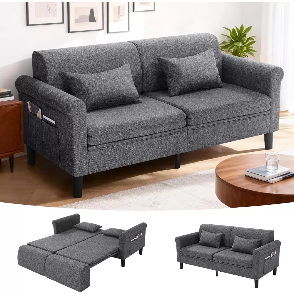 Sailvan 74" 5-in-1 Convertible Sofa Bed, Pull Out Sleeper Couch with Storage & 2 Pillows, Luxury Linen Loveseat for Studios