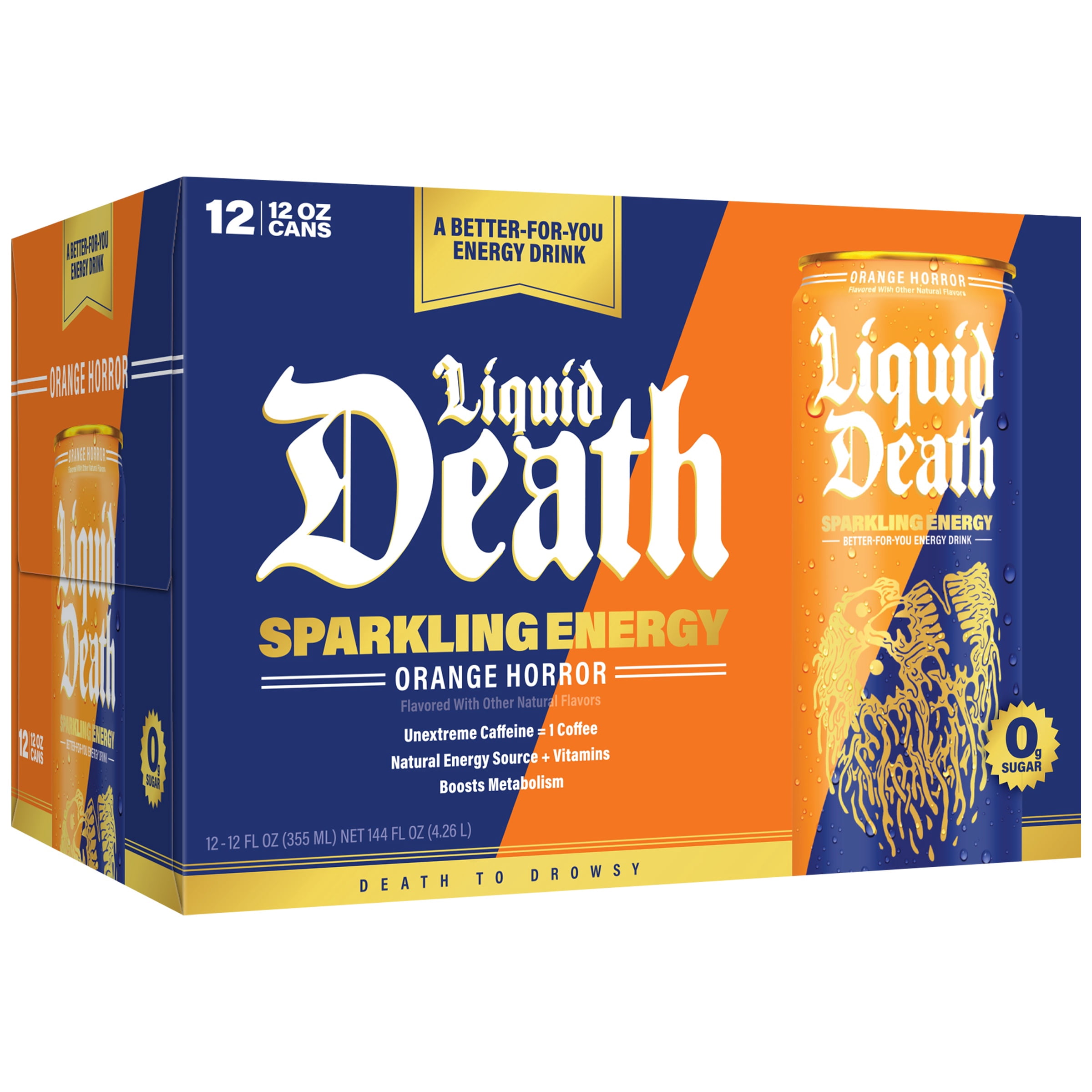 Liquid Death Sparkling Energy - Orange Horror, Sugar-Free Energy Drink, Unextreme Caffeine 100mg, Essential Vitamins, 12 Fl Oz (Pack of 12)
