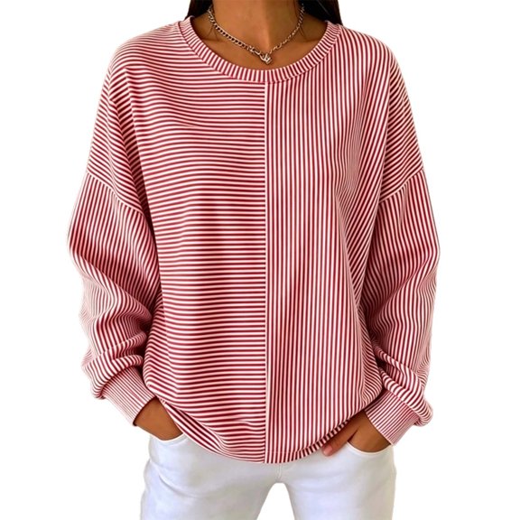 Nowekniz Women Vertical Striped Patchwork Crewneck Sweatshirt, Oversized Drop‑Shoulder Long‑Sleeve Loose‑Fit Dressy Blouse, Soft Casual Business Shirt for Work Vacation