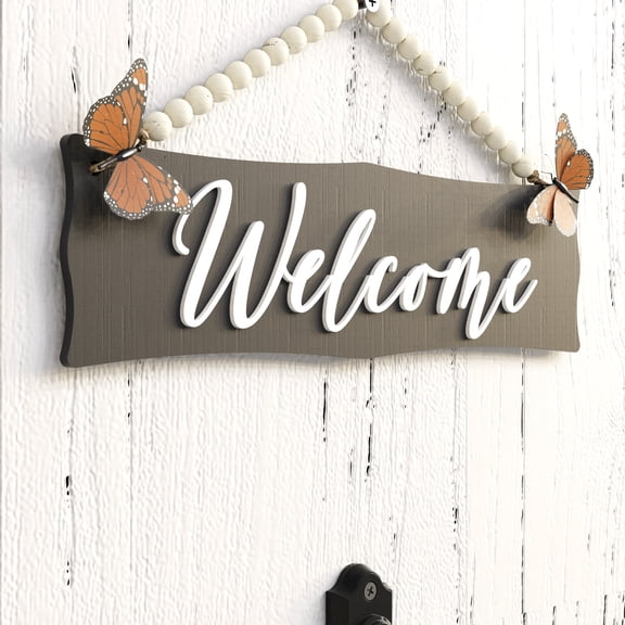 Wooden Welcome Sign for Front Door with Vivid Butterflies and Wood Beads String, 13"x3.6" Rustic Indoor Outdoor Hanging Wall Decor, Farmhouse Wreath for Porch