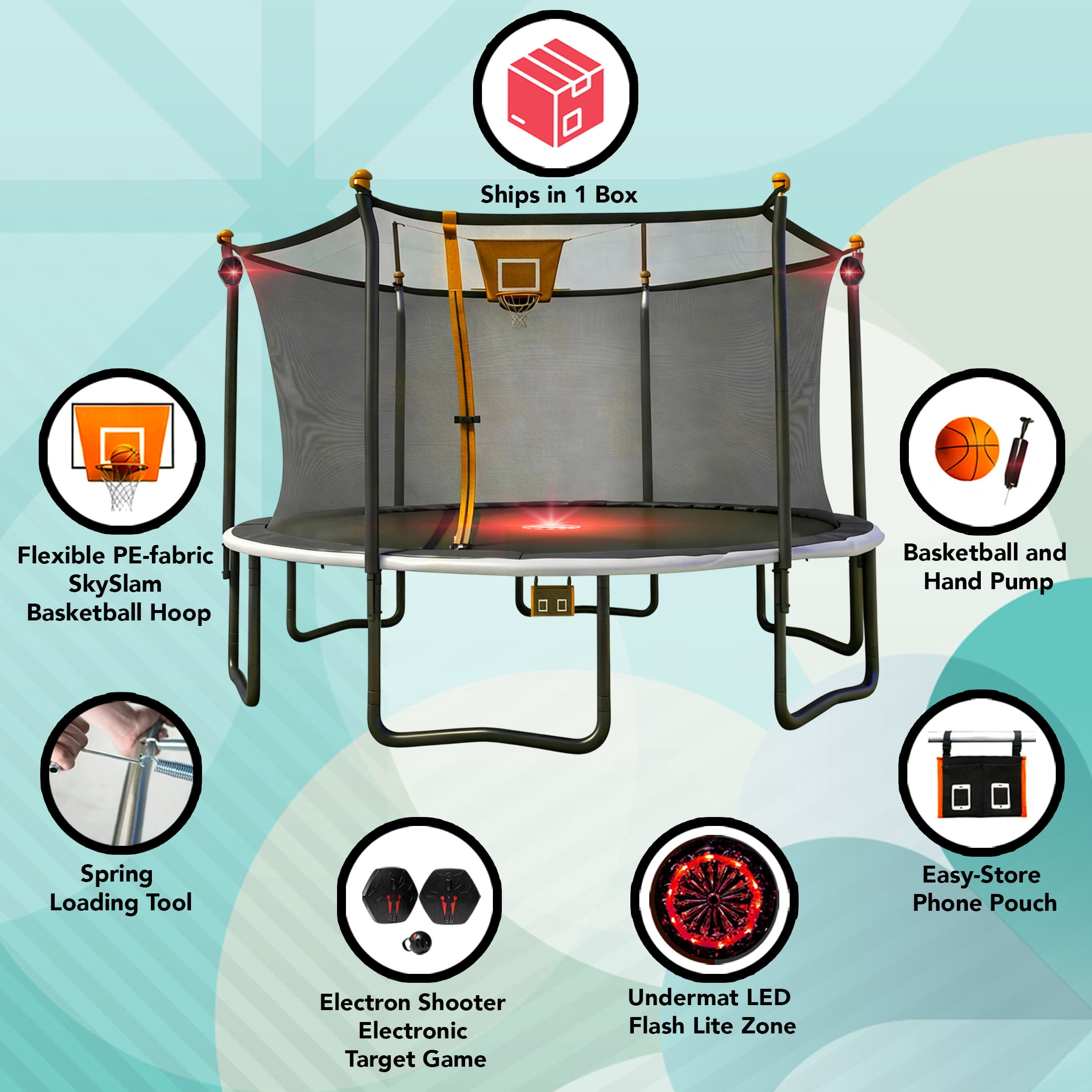 Sportspower Bounce Pro 14ft Multiplay Trampoline Meets ASTM Safety Standards, Heavy-Duty Rust-Resistant Painted Steel Frame, Safety Net, Basketball, Electronic Target Game & Flashing Lights