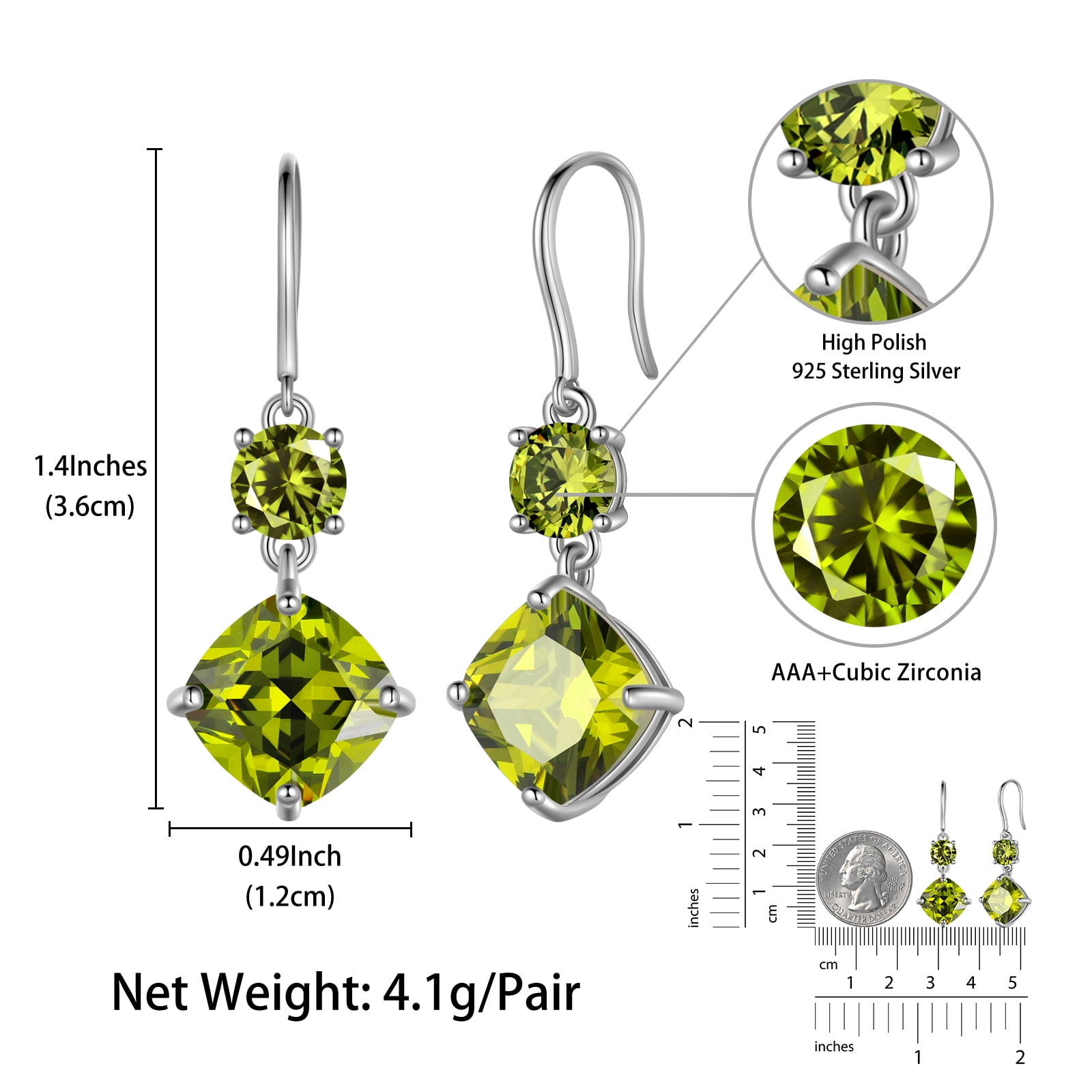 Juwaliy August Birthstone Earrings Women 925 Sterling Silver Long Drop Earrings Peridot Cushion Crystal Jewelry Grandma Mother Christmas Birthday Gift