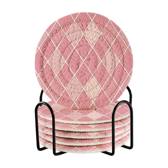 Pink Block Coasters with Holder for Coffee Table 6 Pcs Drink Coaster Sets Absorbent for Home Decor 4 inch