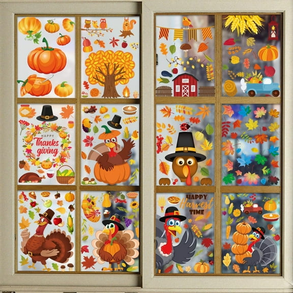 12 Sheets Thanksgiving Window Clings Maple Leaves Window Static Stickers Decals Fall Turkey Pumpkin Design Decoration for Home Office Classroom Double Sided Thanksgiving Decoration for Window